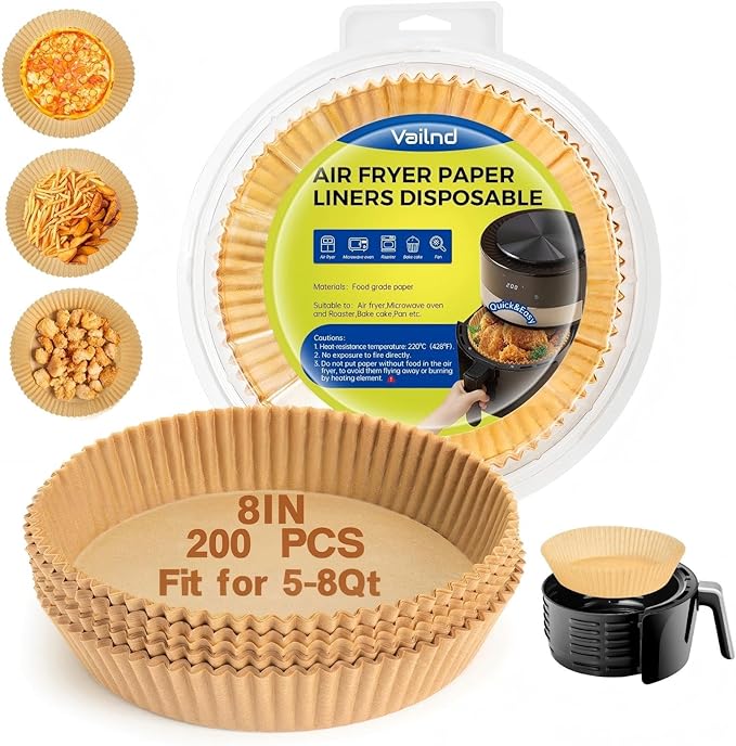 Air Fryer Liners Disposable, 200 PCS Unbleached Round Parchment Paper for Ninja 150/161 Gourmia Chefman Air Fryer, 8’’ Non-Stick & OilProof Baking Paper for 5-8 QT Basket by Vailnd