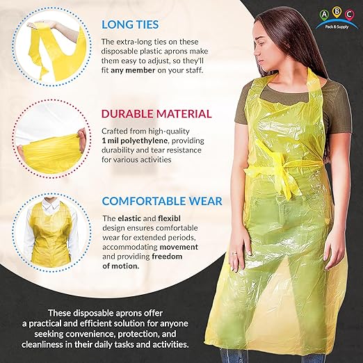 ABC PACK & SUPPLY Yellow Plastic Disposable Aprons Adults for Painting, 28 x 46 Inches. Pack of 1000 Disposable Plastic Aprons, 1 Mil. Unisex Waterproof Polyethylene Painting Apron for Food Industry