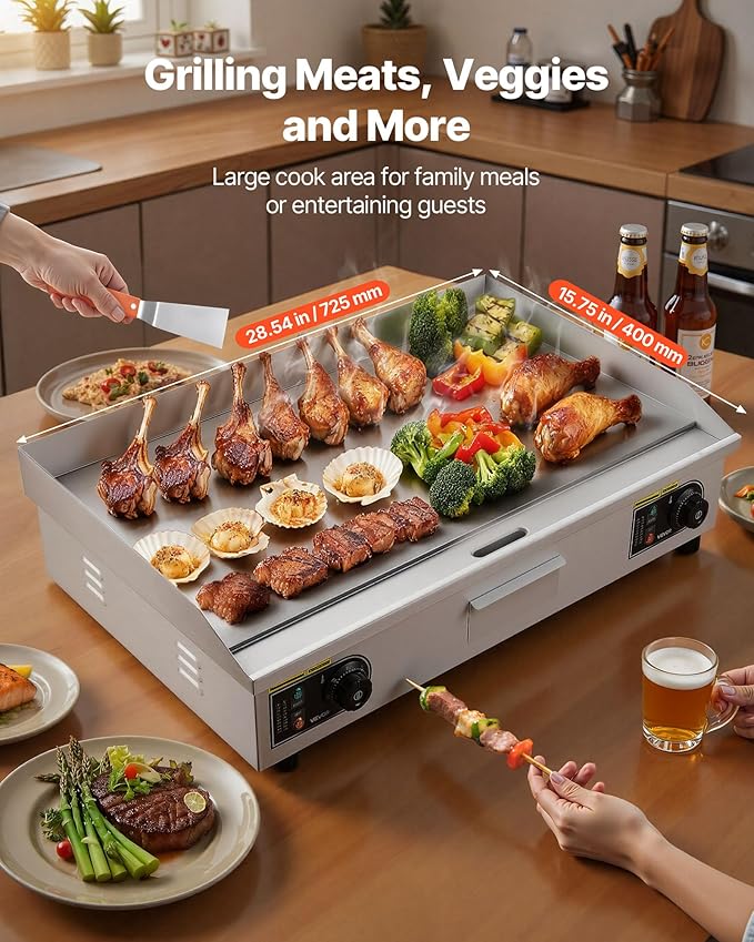 VEVOR Commercial Electric Griddle, 28.54 x 15.75 in, 2800W, 122-570°F Adjustable Temp Control, Stainless Steel Countertop Flat Top Grill with 2 Spatulas, 2 Brushes, 4 Foot Pads, for Steak(NO PLUG)