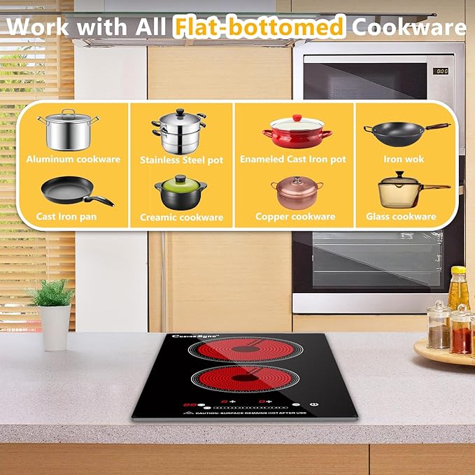 2 Burner Electric Ceramic Cooktop, 110-120V Plug In Countertop Stove, Touch Control with 99-Min Timer, Child Lock & Auto Shutoff, 12 Inch Radiant Cooktop for Indoor Cooking