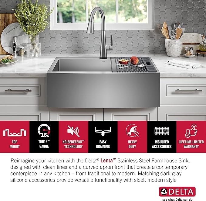 DELTA FAUCET Delta Lenta 33-inch Retrofit Farmhouse Apron Front 16 Gauge Stainless Steel Single Bowl Kitchen Sink for Undermount/Drop-In Installation with Accessories, 95J132-T33S-SS