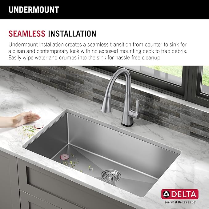 DELTA FAUCET Delta Lenta 32-inch Undermount 16 Gauge Stainless Steel Single Bowl Kitchen Sink with Accessories, 953034-32S-SS, Satin