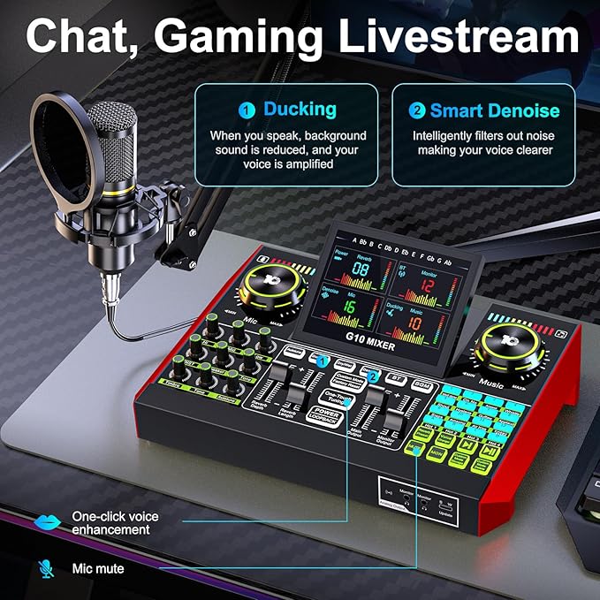tenlamp Podcast Microphone Bundle with Live Sound Card Audio Mixer, Podcast Equipment Bundle with 3.5mm Boom Mic for Pc/Phone Live Streaming Singing Gaming, Sound Board with Voice Changer, Denoise