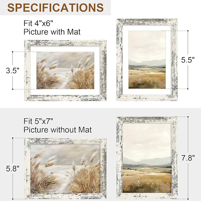 Vittanly 5x7 Picture Frame Set of 2, Solid Wood Frame for Wall or Tabletop, Display Photo 4x6 with Mat or 5x7 without Mat, Distressed White