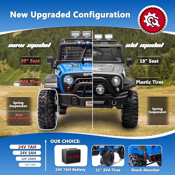 Sopbost 24V 7Ah 2 Seater Ride On Truck Ride On Toy for Big Kids Ride On Car with Remote Control Off-Road Electric Car with Shock Absorber, LED Lights, Bluetooth Music Player, EVA Tires, Blue