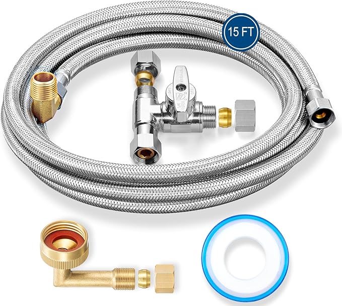 Dishwasher Installation Kit - 15 FT Stainless Steel Braided Dishwasher Hose kit,Food Grade PEX Inner Tube Water Line with 3/8"x 3/8"x 3/8" Tee Stop Valve,3/8"x 3/8"MIP Elbow,3/8"x 3/4"FHT Elbow