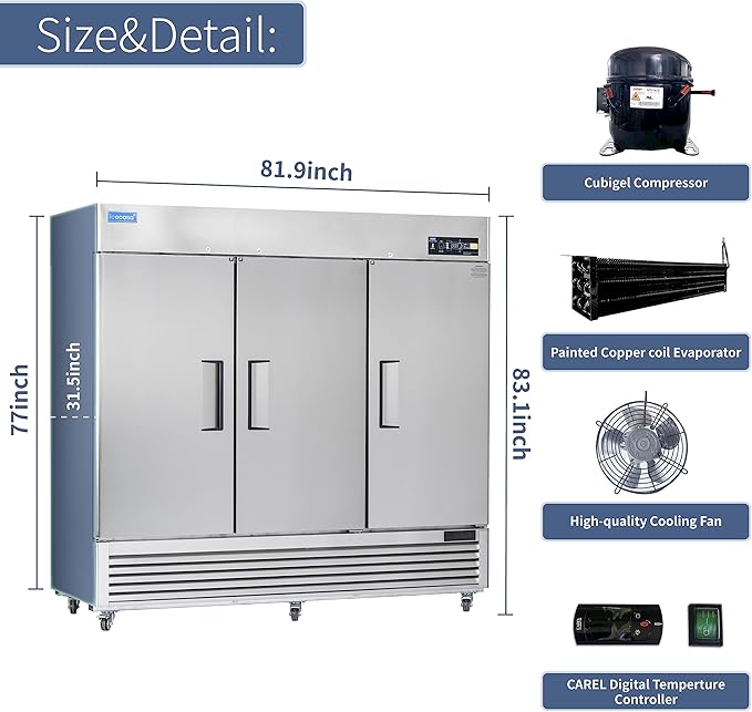 ICECASA 82"W Commercial Freezer Reach-in 72 Cu.ft 3 Solid Door Stainless Steel Commercial Freezer Fan Cooling for Restuarant, Bar, Shop, etc