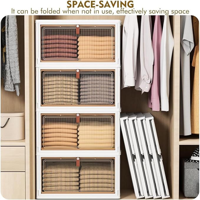 4 Tier Plastic Storage Bins with Lid 28QT - Stackable Storage Containers with Wheels, Folding Storage Boxes, Collapsible Storage Bins, Closet Organizers and Storage