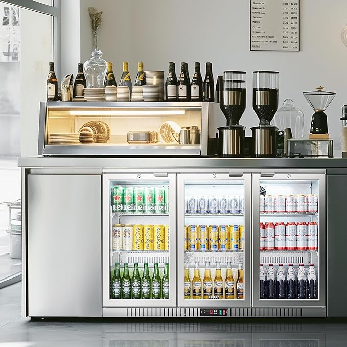BODEGA BODEGACOOLER Back Bar Cooler With 3 Glass Doors,11.4 Cu.Ft Stainless Steel Commercial Back Bar Fridge with LED Lighting, Counter Height Bar Beverage Cooler for Beer,Soda Drinks,Wine