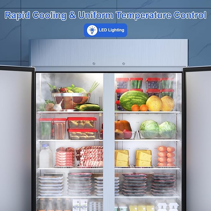 Coolski 54’’ Wide Commercial Refrigerator with 8 Shelves, Stainless Steel Reach-in Refrigerators with 49 Cu.Ft. Capacity 2 Solid Doors for Restaurant Cafe Garage, ETL NSF Approved