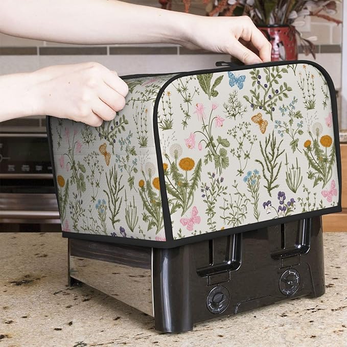 Vintage Flower Wild Herb Floral 4 Slice Toaster Cover, Waterproof Toaster Dust Bread Maker Protective Cover For Small Kitchen Appliance Dining Room Table Home Decor Gifts