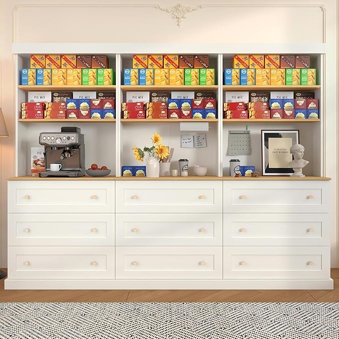 71" Tall Farmhouse Kitchen Pantry, Large Storage Cabinet with Drawers, Freestanding Coffee Bar Hutch with Microwave Stand, Adjustable Shelves for Kitchen, Living Room, White 3 Pcs