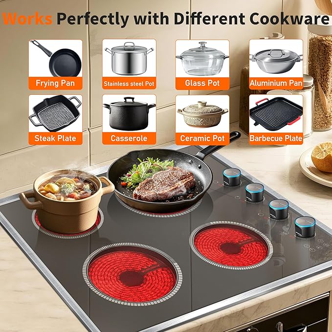 4 Burner Electric Cooktop, 24 Inch Electric Stove 6000W, 220V-240V Built-in Ceramic Stovetop with Knob Control, Child Lock, Timer Control, Residual Heat Indicator, Hard Wire(No Plug)