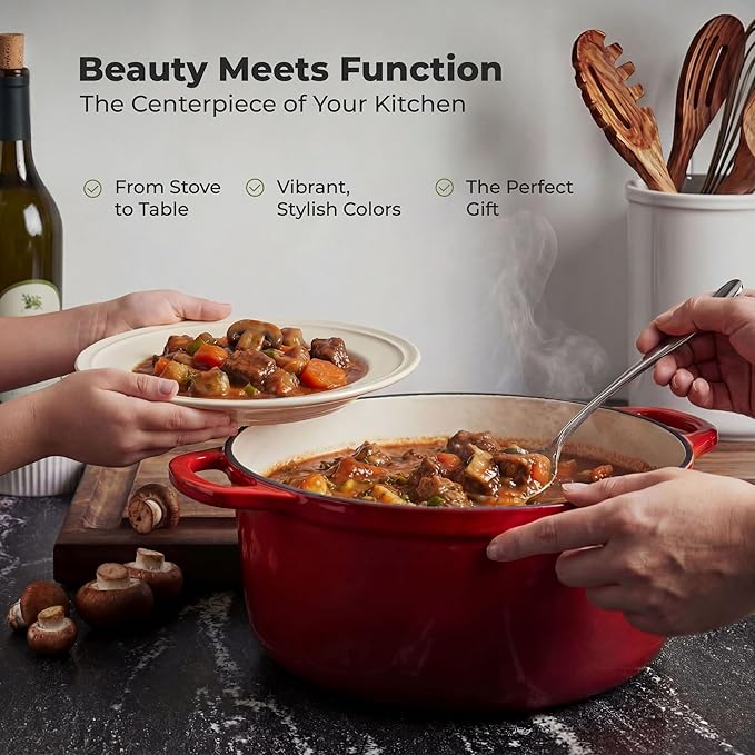 Zulay Kitchen 5 Quart Enameled Cast Iron Dutch Oven Pot with Lid – Premium Durability & Oven Safe up to 500°F – Heavy Duty Cookware Perfect for Bread Baking, Stews, Braising & Roasting – Red