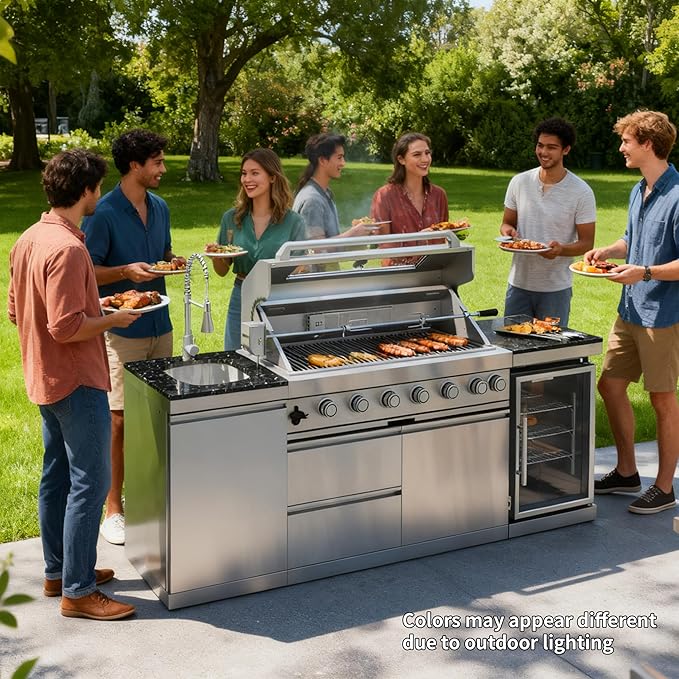 82 Inches 6-Burner 85000 BTU Natural Gas Outdoor Kitchen Island with Grill with Wine Cooler, Compact Refrigerator, Rotisserie, Granite Countertops & Storage, Silver