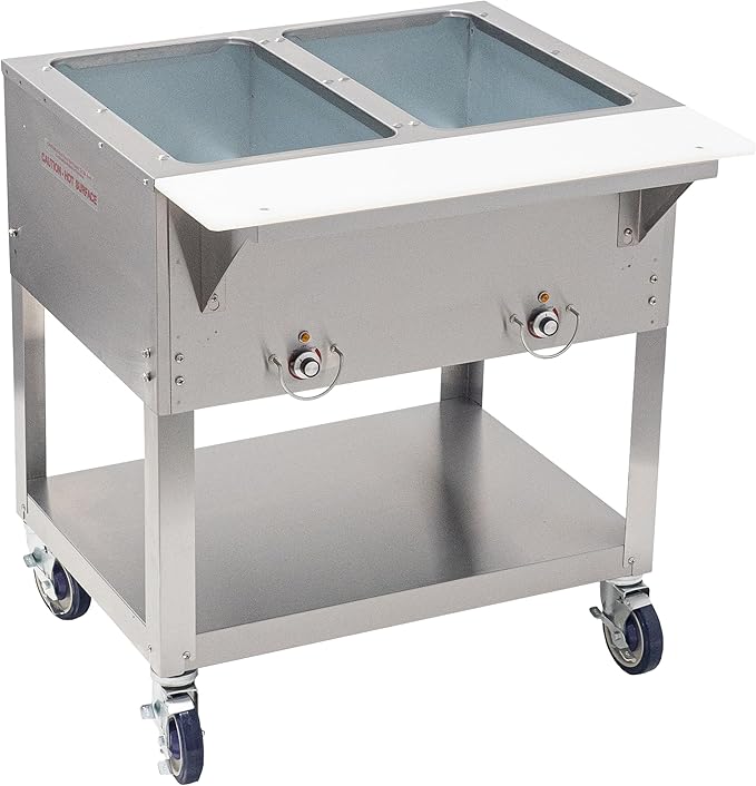 Kratos Commercial Mobile Electric Steam Table/Hot Food Table, 2 Wells, Stainless Steel, NSF 120V (28W-196)