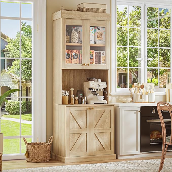 71" Tall Farmhouse Kitchen Pantry, Large Storage Cabinet with Glass Doors, Freestanding Coffee Bar Hutch with Microwave Stand, Adjustable Shelves for Kitchen, Living Room, Brown 3 Pcs