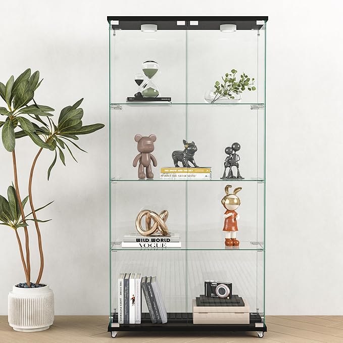 Yoluckea 4-Shelf Glass Display Cabinet with LED Lights, 2-Door Floor Standing Curio Cabinet with Universal Wheel for Home or Office, Black Glass Bookshelf for Collections, Decor, and Corner Display