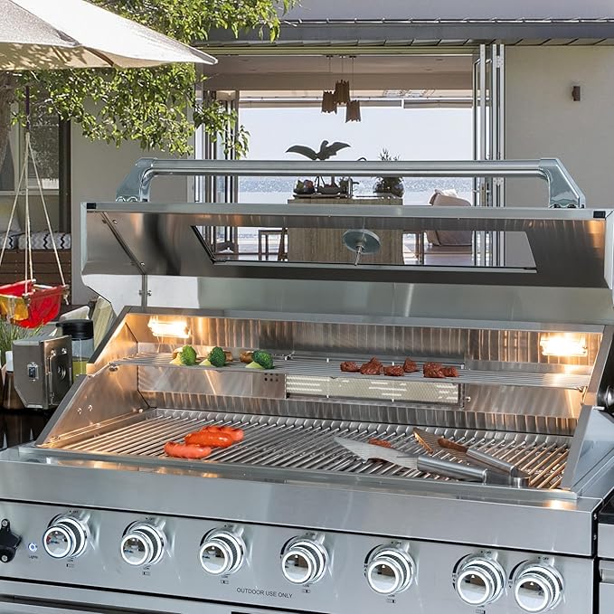 82 Inches 6-Burner 85000 BTU Deluxe Stainless Steel Propane Gas Outdoor Kitchen Bar Barbecue Island Grill with Wine Cooler, Compact Refrigerator, Rotisserie, Granite Countertops & Storage, Silver