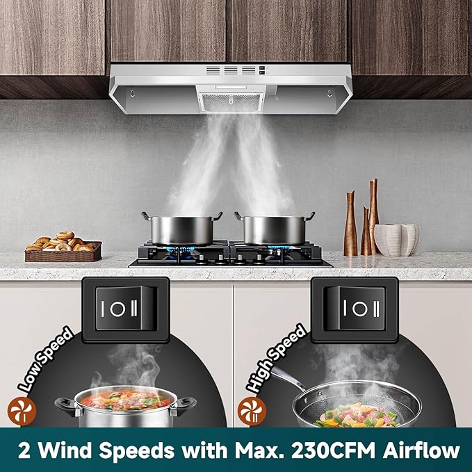 SNDOAS 36 inch Range Hood,Under Cabinet Range Hood 36 inch in Stainless,Ductless Range Hoods with Carbon Sponge Filter,230 CFM Stove Hood with 2-speed Fan,Hard Wired Kitchen Exhaust Hood