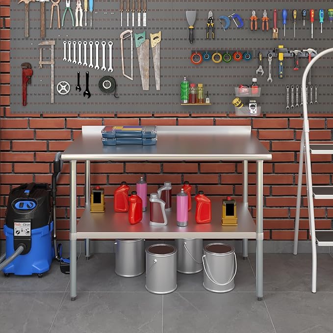 AmGood Stainless Steel Work Table with 1.5" Backsplash | Metal Kitchen Food Prep Table | NSF (48" Long x 30" Deep)