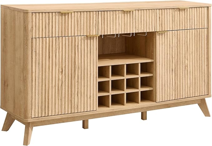 OKD 60" Fluted Buffet Cabinet with Storage - 3 Drawers and 2 Doors, Mordern Wine & Coffee Bar Cabinet with Wine and Glass Racks, Sideboard with Adjustable Shelves for Kitchen, Dining Room,Natural Oak | for Liquor, w/Wine & Glass Rack, 3 Storage Drawers...