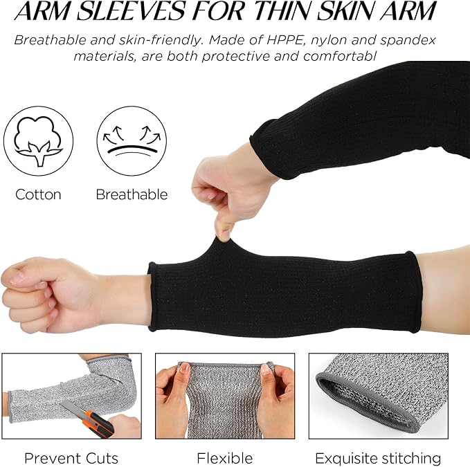 Neer 4 Pair Protective Arm Sleeves for Thin Skin Anti-Cut Burn Resistant Cover Forearm Sleeve for Cooking Construction(Black, Gray, 11.8 Inch)