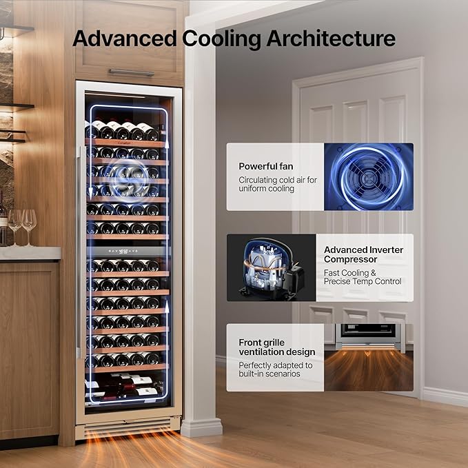 Ca'Lefort 24 Inch Wine Fridge - 155 Bottle Dual Zone Wine Cooler with Glass Door, 40-65°F Quiet Wine Refrigerator with Bottom Drawer 3 LED Light Built-in for Home/Bar/Kitchen Right-Hinged Door