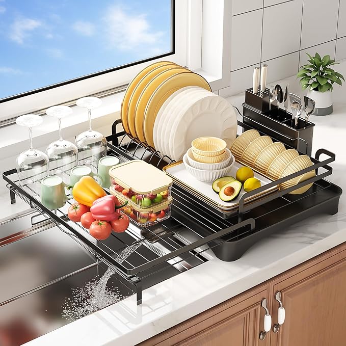 Extendable Dish Rack for Kitchen Sink - Heavy-Duty Adjustable Over Sink Drying Rack with Utensil Holder & Drain Tray, Space Saving Steel Frame Dish Rack (Black)