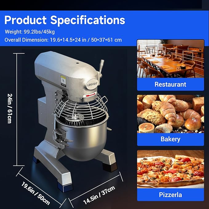 EKway10Qt Commercial Food Mixer with Timing Function,500W Industrial Stand Mixer 3-Speed Adjustable & Stainless Steel Bowl,Heavy Duty Dough Mixer for Bakery Pizzeria. (Standard)