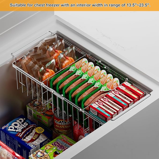 Orgneas Chest Freezer Organizer Bins with Dividers, Large Capacity Deep Freezer Baskets Expandable From 15.5" to 24.5" with Removable Divider Sheets for Easy Sort and Organize Frozen Food, 2Pcs