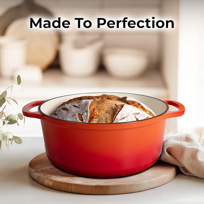 Zulay Kitchen 5 Quart Enameled Cast Iron Dutch Oven Pot with Lid – Premium Durability & Oven Safe up to 500°F – Heavy Duty Cookware Perfect for Bread Baking, Stews, Braising & Roasting – Orange