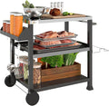 Outsunny Three-Shelf Outdoor Grill Cart with Stainless Steel Tabletop, Side Handle, 32" x 20.5" Multifunctional Pizza Oven Stand, Movable Food Prep Table on Wheels, Black