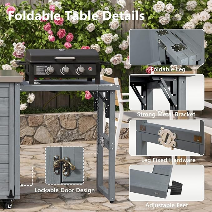 78.3" Outdoor Kitchen Island with Foldable Grill Table - Wooden Grill Cart with Stainless Steel Top, Trash Can Storage and Adjustable Shelves