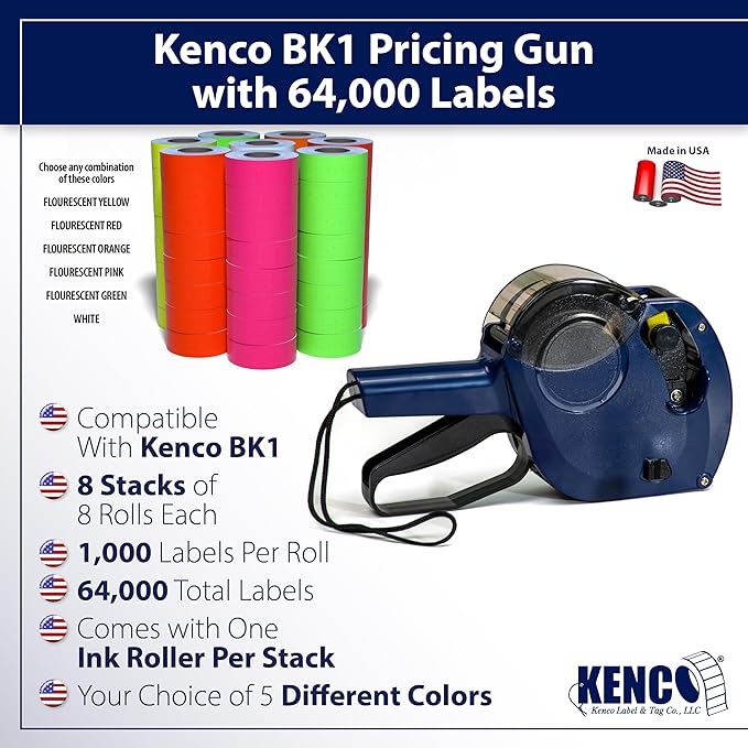 Kenco BK 1 Line Price Gun Kit - Includes 6,000 Labels, 2 Ink Rollers, Label Scraper - 8 Digit Labeler for Pricing, Dating, and Coding (BK-1 KIT 64,000 Labels)