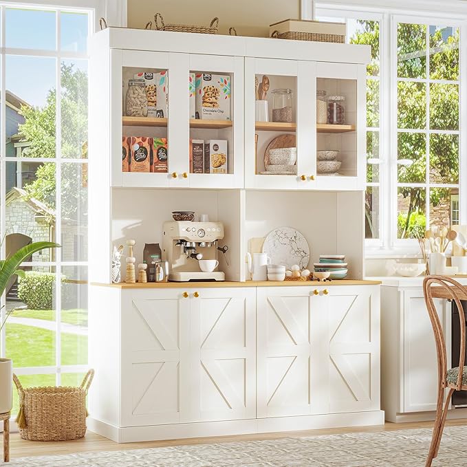 71" Tall Farmhouse Kitchen Pantry, Large Storage Cabinet with Glass Doors, Freestanding Coffee Bar Hutch with Microwave Stand, Adjustable Shelves for Kitchen, Living Room, White 4 Pcs