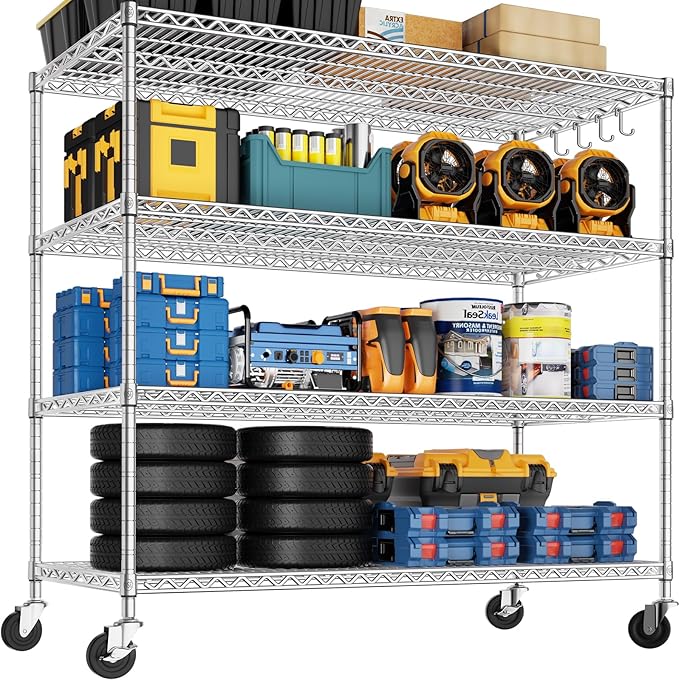 PrimeZone 4 Tier 55.5" Wx24 Dx76 H Wire Shelving with Wheels 2400lbs NSF Certified Storage Shelves Heavy Duty Metal Shelf Adjustable Rolling Rack Commercial Garage Restaurant Warehouse Kitchen Chrome