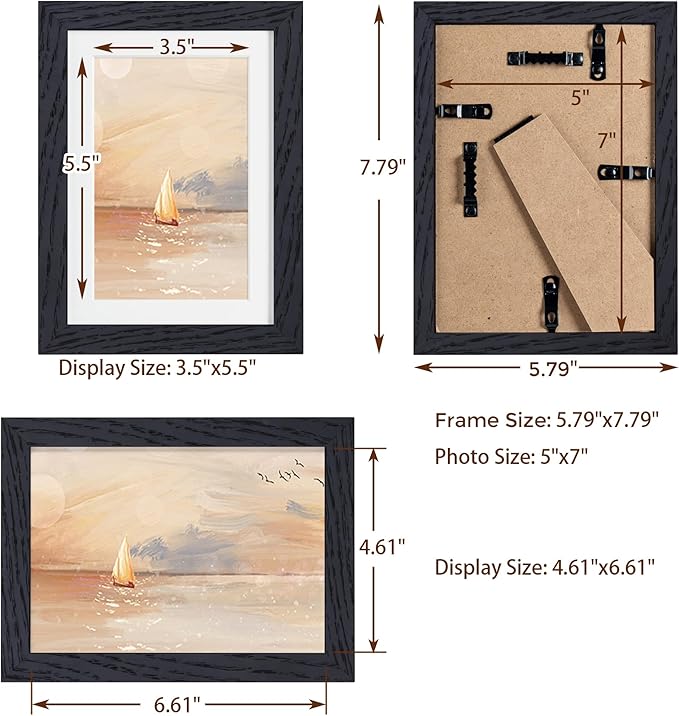 Fun Memories 5x7 Picture Frame, Solid Oak Wood 5 x 7 Frame with Plexiglass, 5 by 7 Photo Frame for Wall & Tabletop Display, 5x7 Picture Frame Matted to 4x6, Black Color, 3 Pack