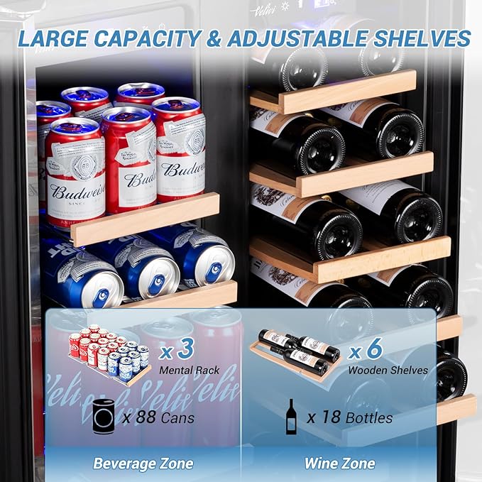 24 Inch Beverage Refrigerator Undercounter, Dual Zone Wine and Beverage Cooler, Large Capacity for Beer Wine Drink with Built-In Warm Light, Ideal for Home Kitchen Bar Office