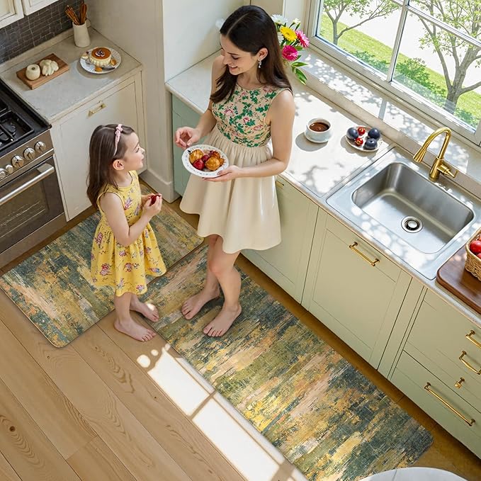 Collive Anti Fatigue Kitchen Rugs Sets of 2, Abstract Non Slip Waterproof Kitchen Mat Modern Runner Rug, Ergonomic Comfort Desk Rugs for Floor, 17"x59"+17"x29" Green/Yellow