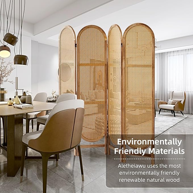 Room Divider and Folding Privacy Screen 5.6 Ft Rattan Room Divider with Double Hinges, Foldable Wood Partition Screen, Freestanding Wall Divider for Room Separation Home - 4 Panel Natural