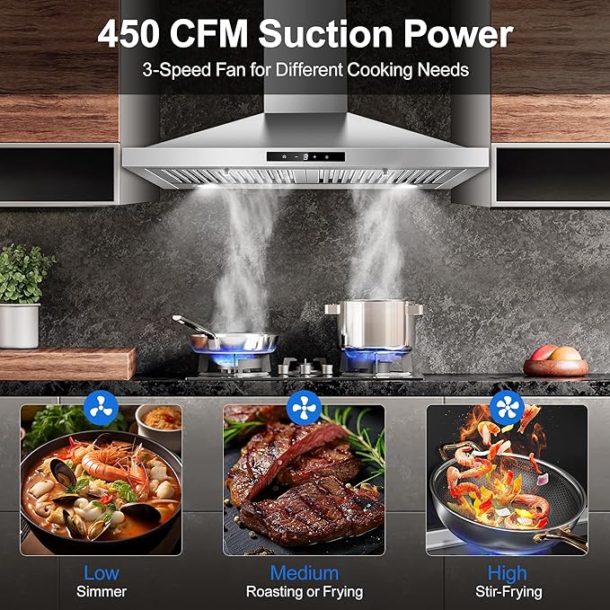 Range Hood 30 inch, Vent Hoods 30 inch Stainless Steel, 450 CFM Ductless/Ducted Convertible Kitchen Hood with LED Light Baffle Filters, 3 Speed Exhaust Fan,Touch Control
