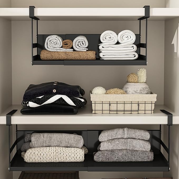 Expandable Under Cabinet Shelf Organizer with 1.25 Inches Thick Clips, Heavy Duty Extendable Under Shelf Storage Basket for Pantry or Laundry Room, Black, 2 Pack, Interior: 5.7" H x 8.54" D