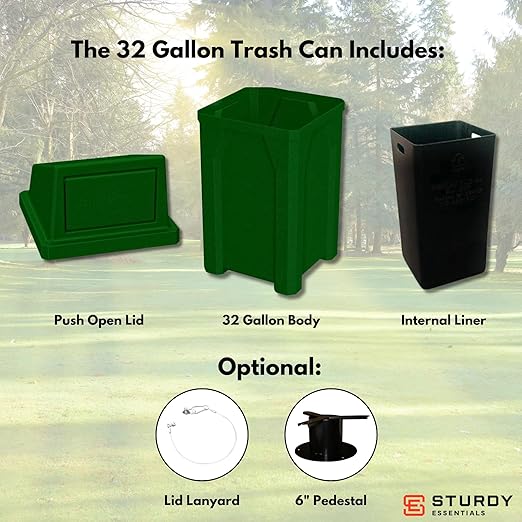 32 Gallon Square 100% Recycled Plastic Heavy Duty Indoor or Outdoor Commercial Trash Can with Push Lid | Great for Schools and Businesses - Green Granite