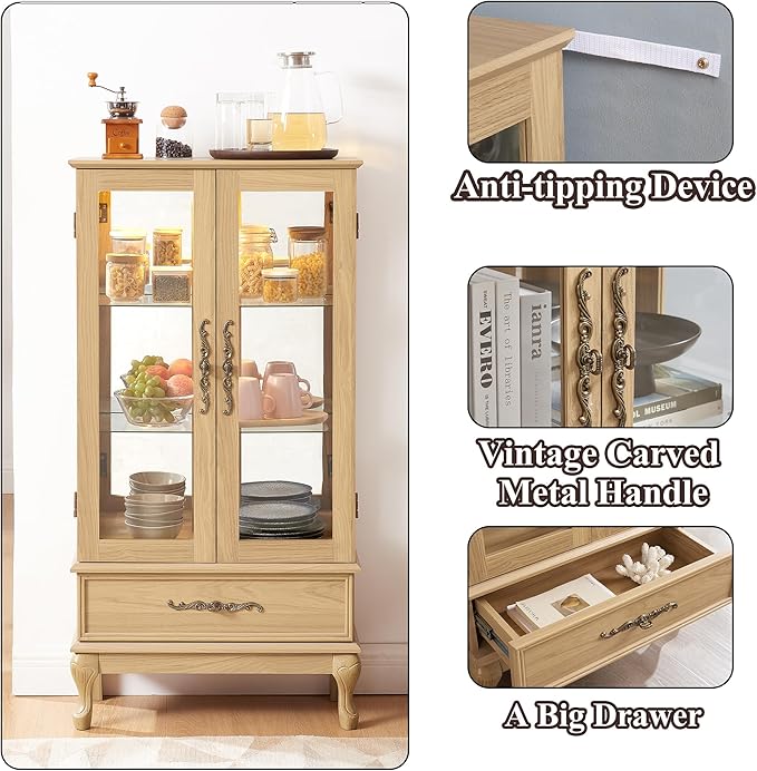 51" H Lighted Curio Cabinet Display Case, Glass Curio Cabinet with Adjustable Shelves,Tempered Glass Door and Drawer, Wooden Cabinets w/Mirrored Back Pane for Living Room (Light Oak)