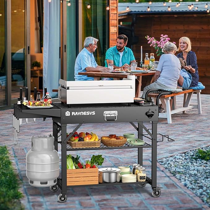 Outdoor Grill Cart, 440lbs Outdoor Grill Table, 31x17 inch Blackstone Griddle Stand, Portable Folding Cart with Wheels, 2-Tier Storage Rack & Side Storage Box (Black)