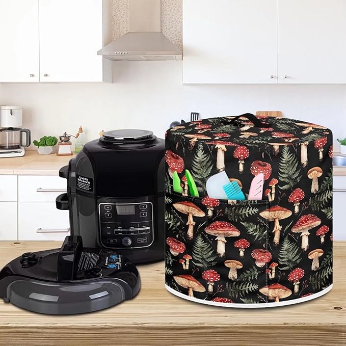 Mushroom Green Leaves Pressure Cooker Cover Dust-Proof Kitchen Appliance Cover Air Fryer Cover for 8 Quart Instant Pot, with Handle and Pockets Keep Kitchen Appliance Clean Home Décor