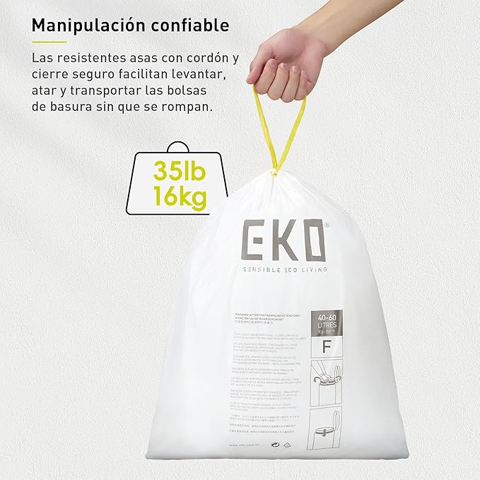 EKO 13 Gallon / 40-60 Liter, 60 Count Drawstring Trash Bags, Extra-Strong Unscented Garbage Bags, Easy-Dispense Roll for Kitchen & Household Use, Leak-Resistant, Code F, White