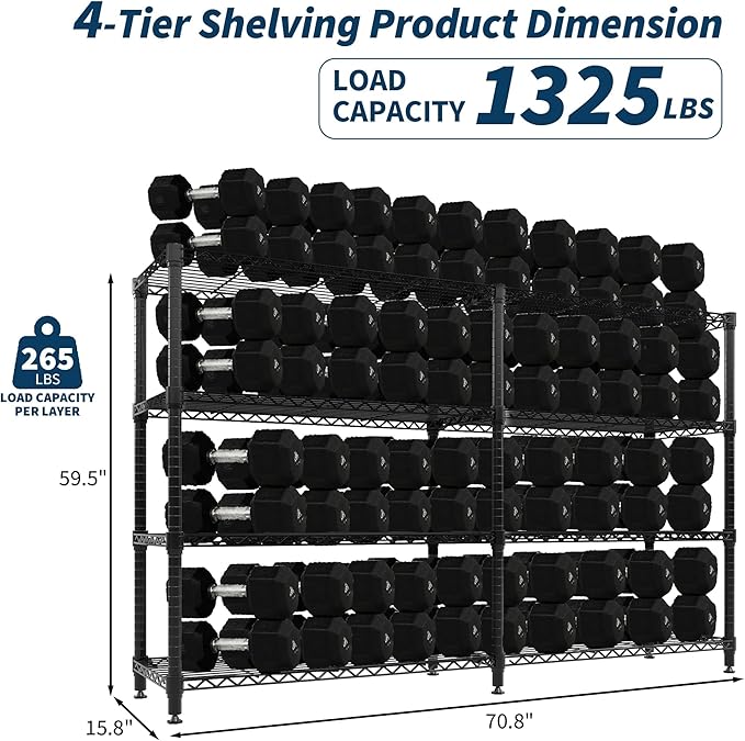 GarveeLife 70" H Storage Shelves L-Shaped 1325 LBS Heavy Duty Metal Shelving 4-Tier Wire Shelving for Corner Storage Rack Adjustable Pantry Shelf for Kitchen Pantry, 70.8" W x 59.4" H x 15.7" D