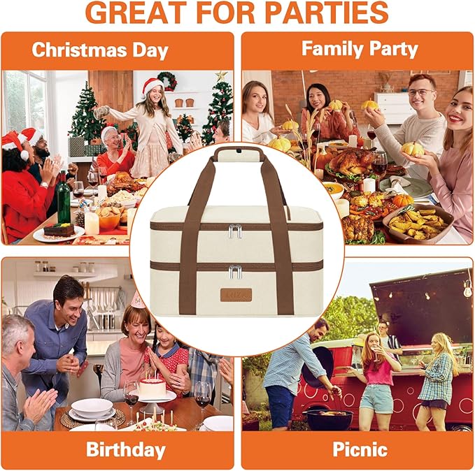 LHZK Double Decker Insulated Casserole Carrier for Hot or Cold Food, Expandable Hot Food Carrier, Lasagna Holder Tote for Potluck Parties, Picnic, Beach, Fits 11 x 15 or 9 x 13 Baking Dish (Beige)